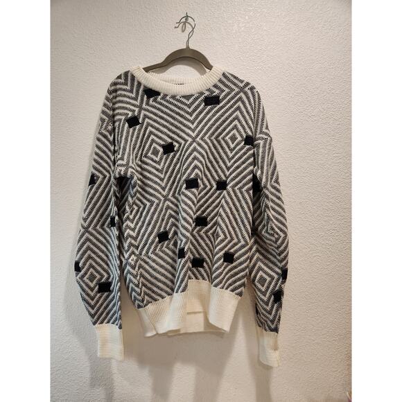 Vintage LeRoy Knit Geometric Sweater M Taiwan 80s Retro Optical Illusion‎ - Picture 1 of 5